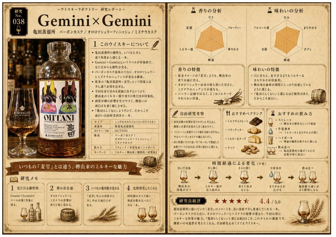 研究レポート No.038 Gemini×Gemini 亀田蒸溜所 バーボン/オロロソ/ミズナラ